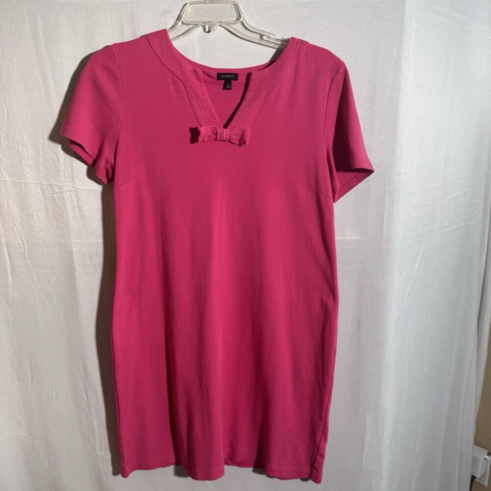 Talbots Pink Bow Front Dress Short Sleeve V Neck Knit Casual Women’s Career Boho